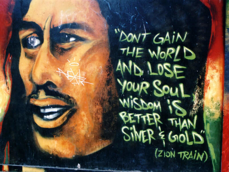 Bob Marley mural with quote