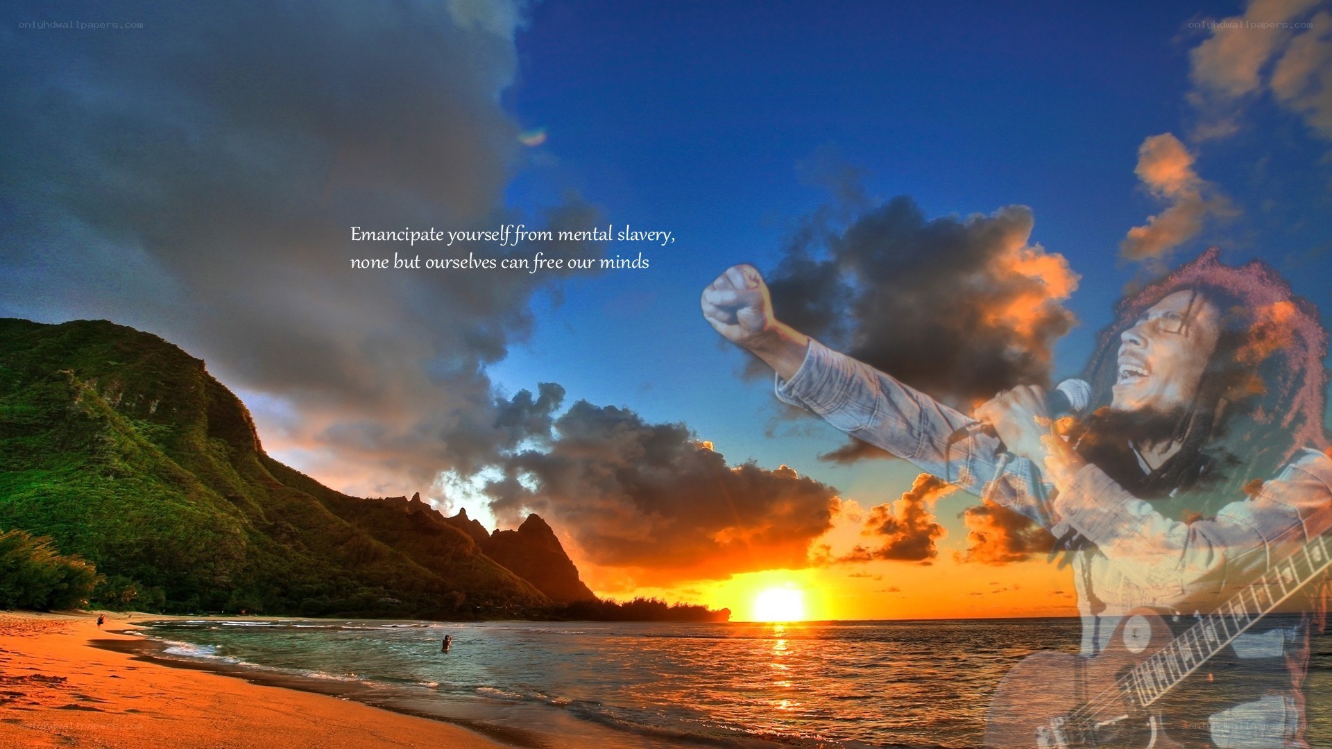 Bob Marley on a beach at sunset