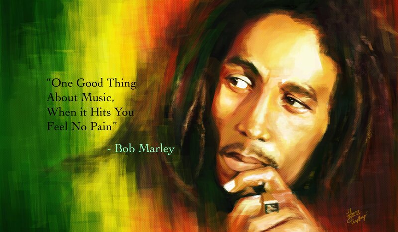 Bob Marley Portrait — Green, Contemplative, Digital Art, Quote