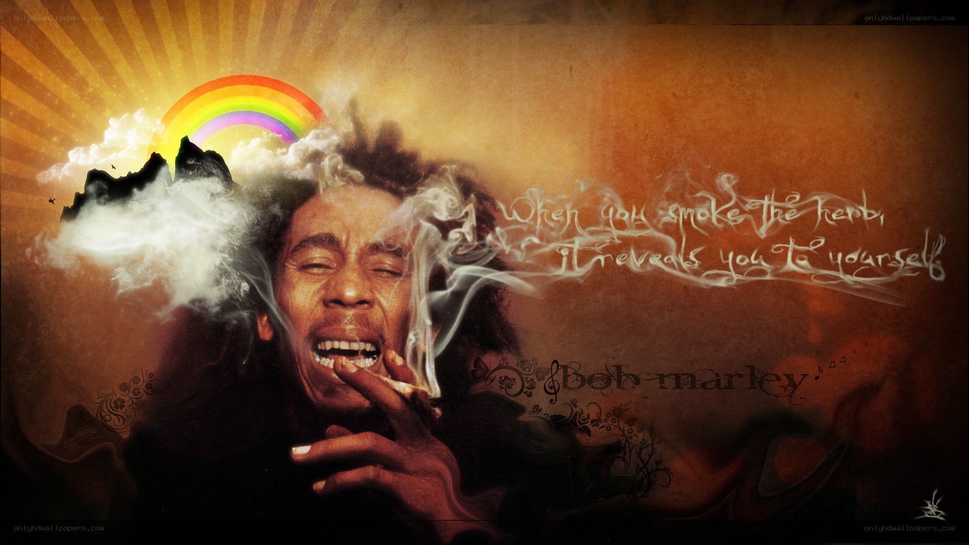 Bob Marley with rainbow and smoke