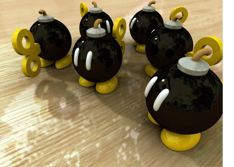 Bob-omb Characters on Floor — Black, Playful, 3d Render
