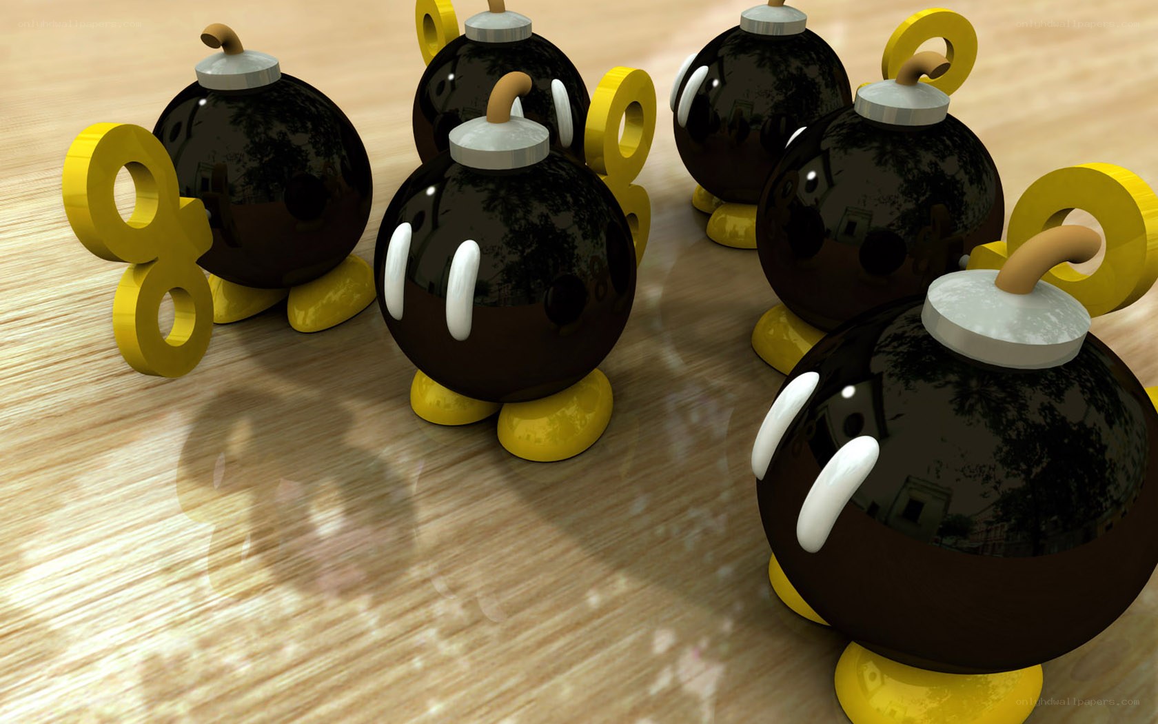 Bob-omb characters on wood floor