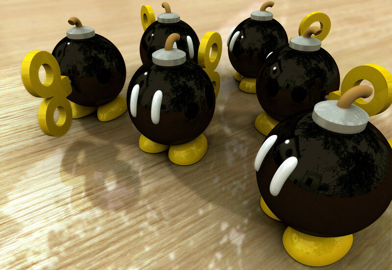 Bob-omb characters on wooden floor