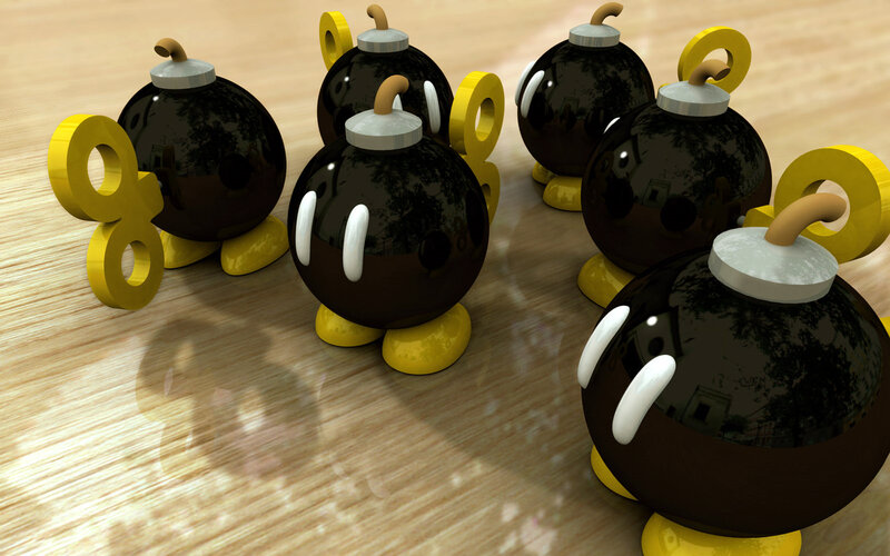 Bob-omb characters on wooden floor