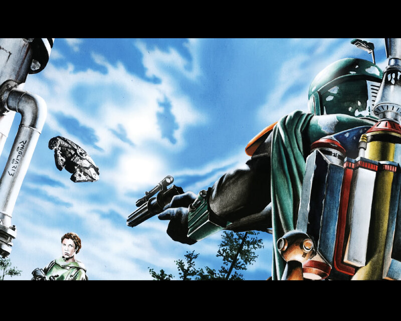 Boba Fett aims at the Millennium Falcon