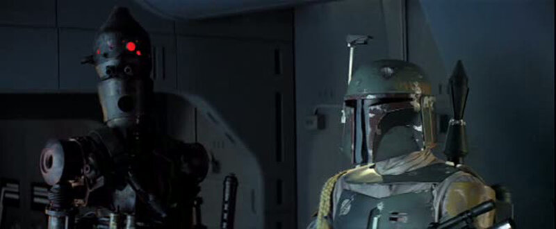 Boba Fett and a droid in a ship