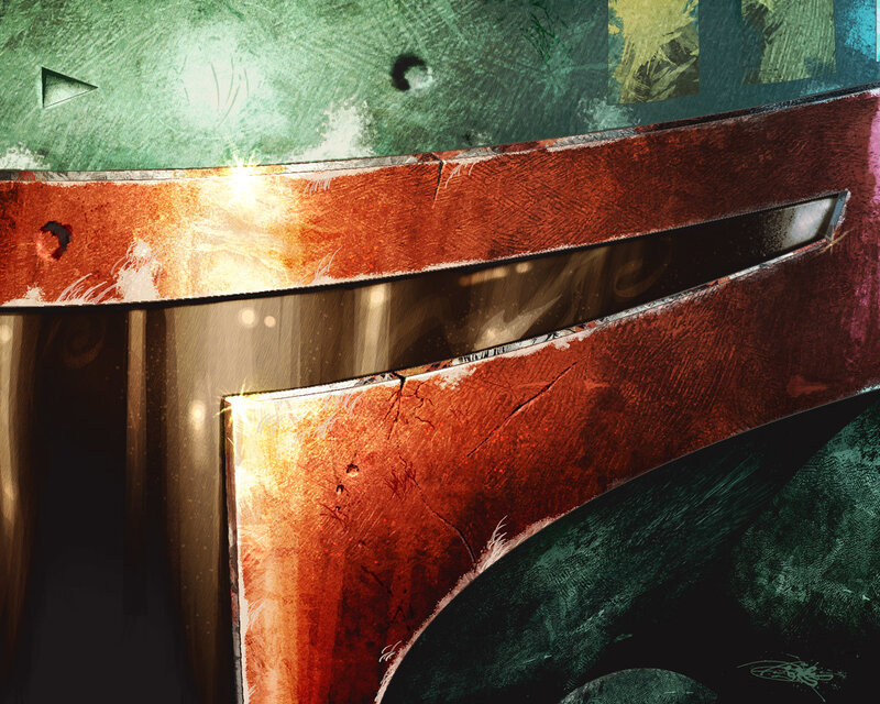Boba Fett Helmet — Red, Dramatic, Digital Art, Cracks, Scratches