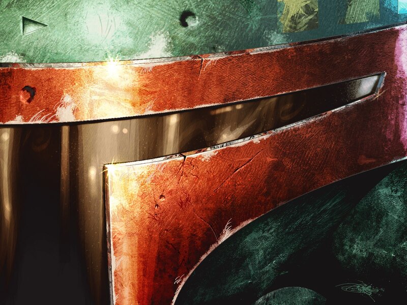 Boba Fett Helmet — Red, Dramatic, Digital Art, Cracks