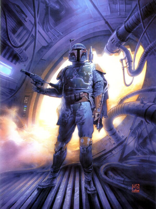 Boba Fett in a spaceship corridor