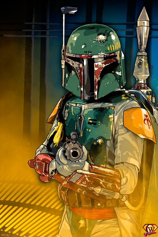 Boba Fett in Armor — Green, Dramatic, Digital Art, Blaster