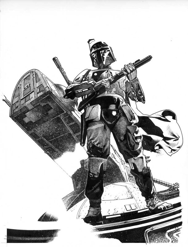 Boba Fett in black and white