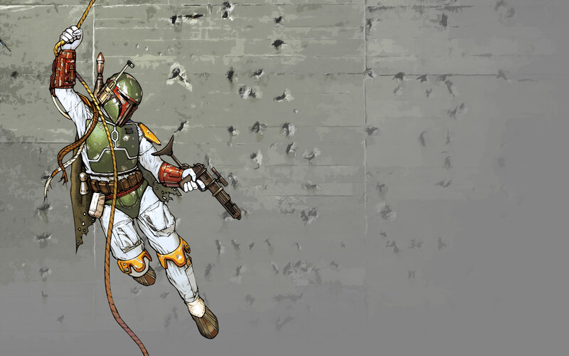 Boba Fett rappelling down wall