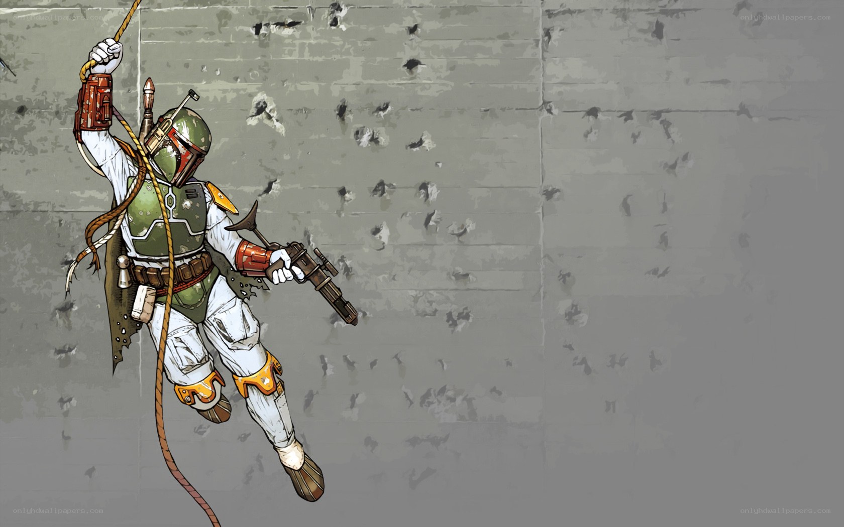 Boba Fett rappelling down wall