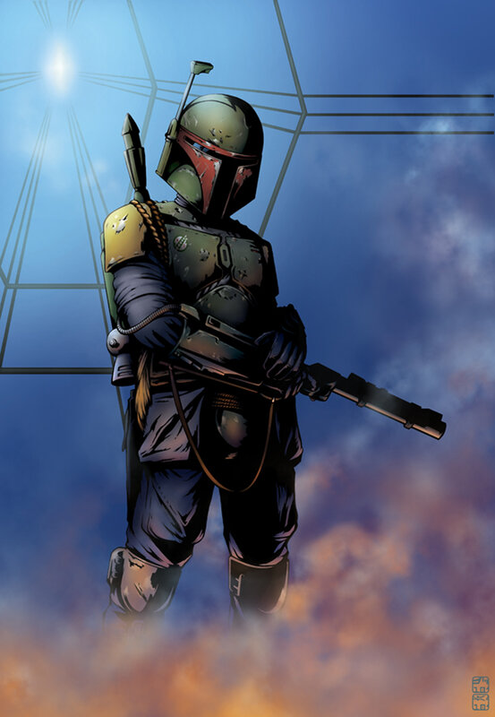 Boba Fett stands in the sky