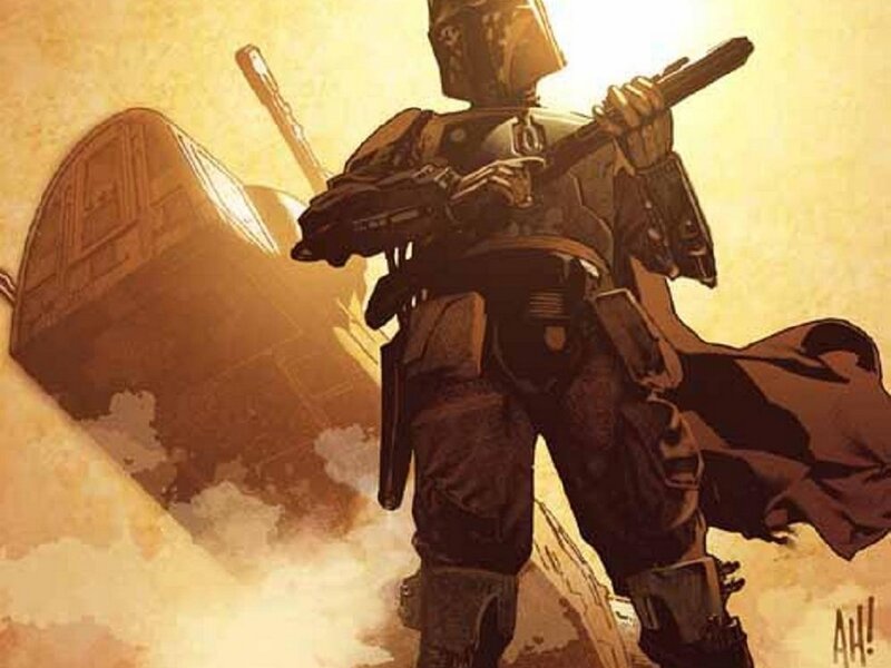 Boba Fett stands with weapon