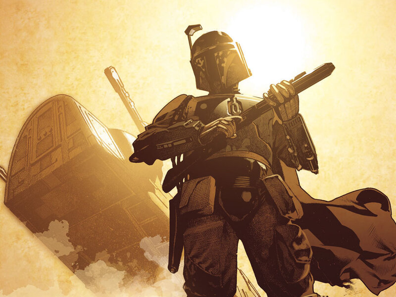 Boba Fett stands with weapon