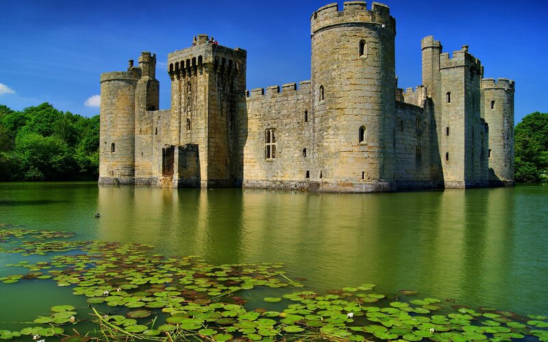 Bodiam Castle — Blue, Serene, Afternoon, Photograph, Lake, Lily Pads, Trees
