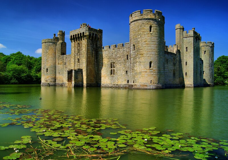 Bodiam Castle — Blue, Serene, Afternoon, Photograph, Moat, Lily Pads
