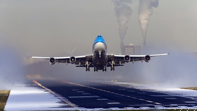 Boeing 747 Airplane — Blue, Dramatic, Photograph, Runway, Smoke