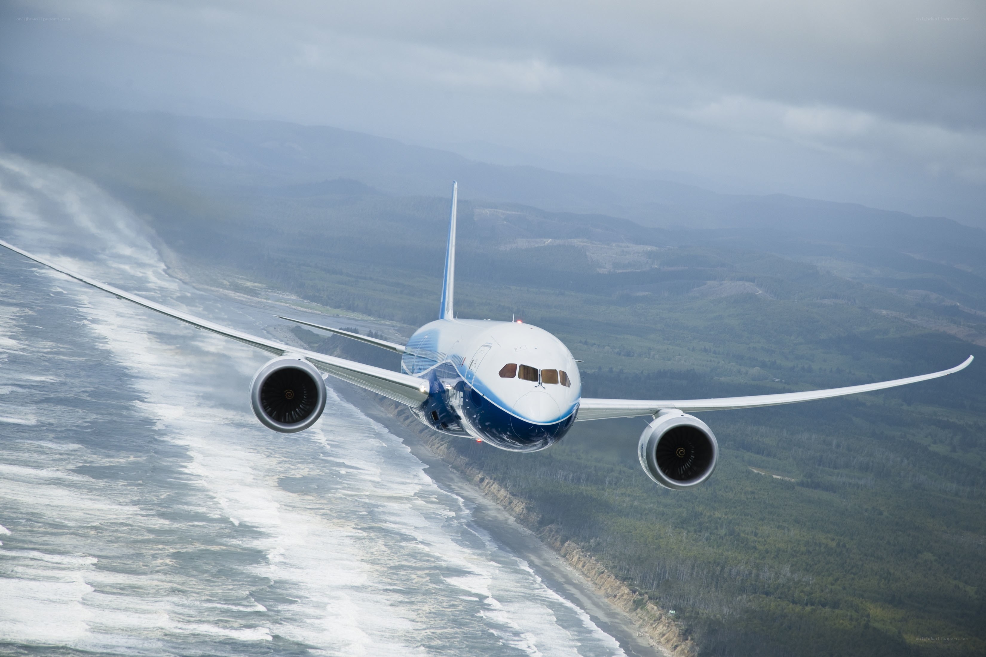 Boeing 787 flying over coast