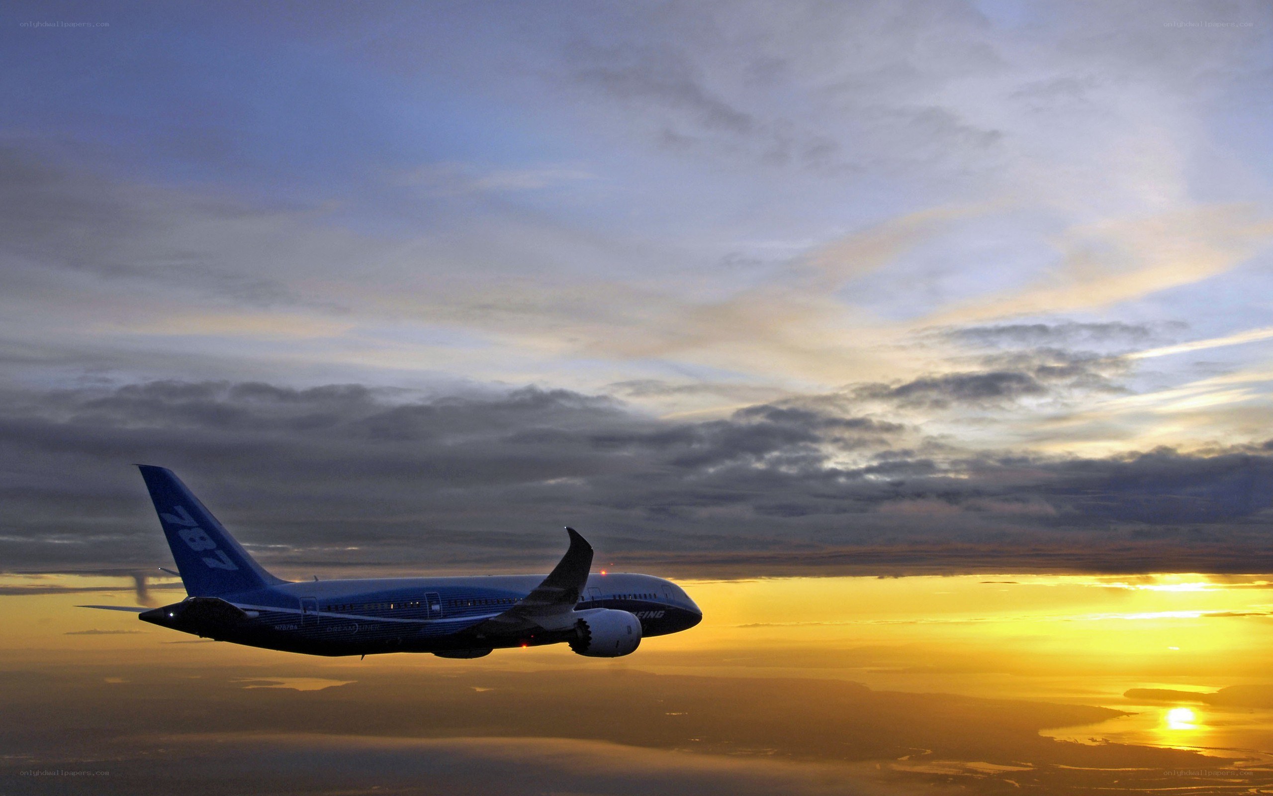 Boeing 787 in flight at sunset