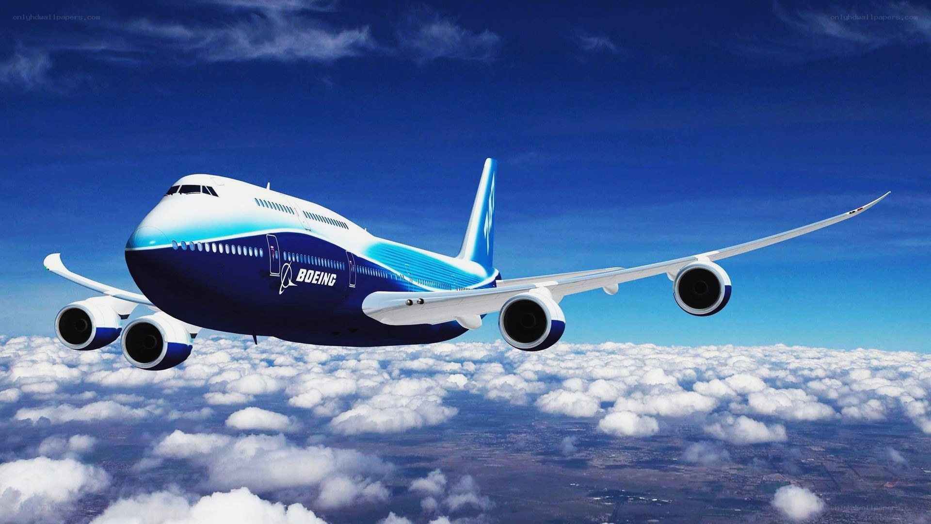 Boeing aircraft flying above clouds