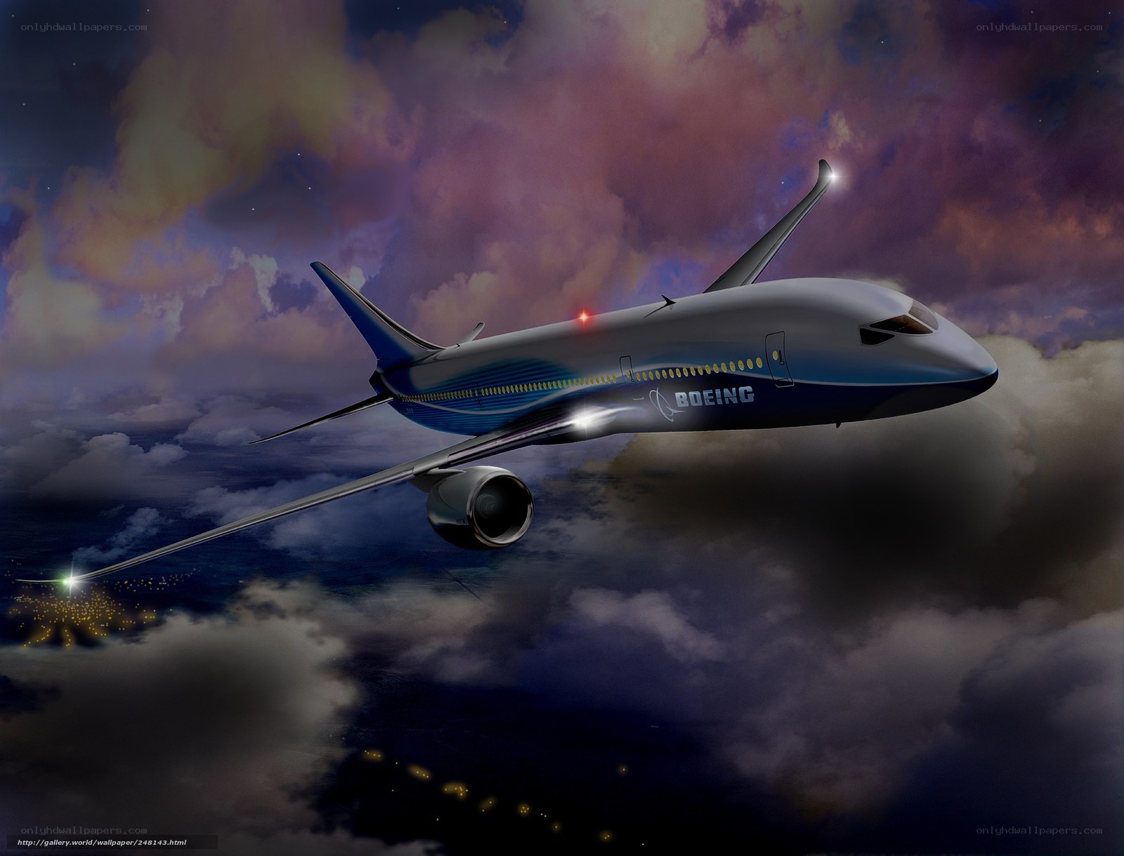Boeing aircraft flying at night