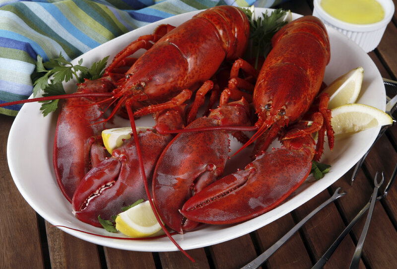 Boiled lobsters on a platter