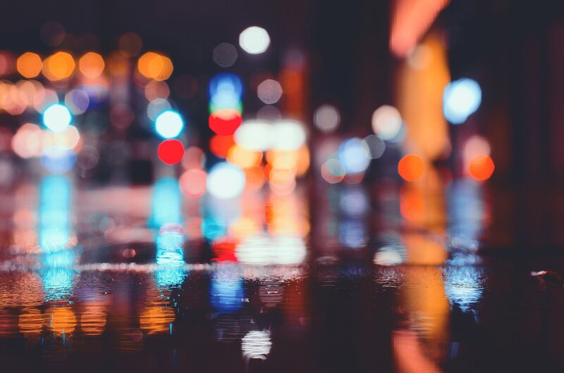 Bokeh Lights on Wet Pavement