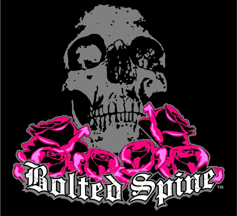 Bolted Spine logo with skull and roses