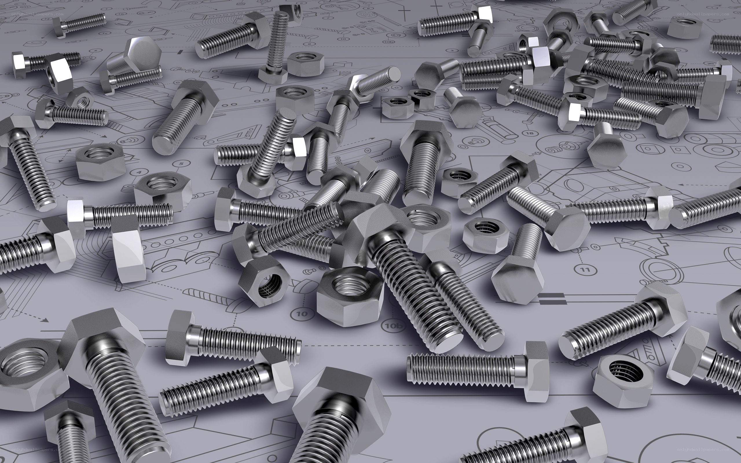 Bolts and nuts on blueprint