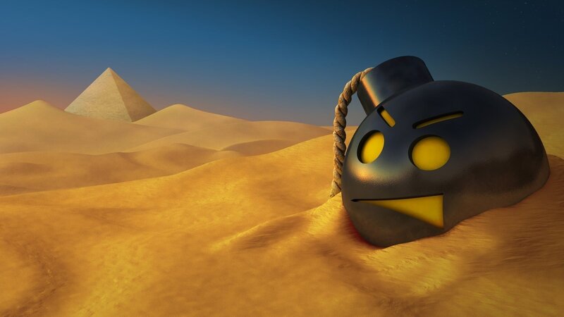 bomb in desert with pyramid