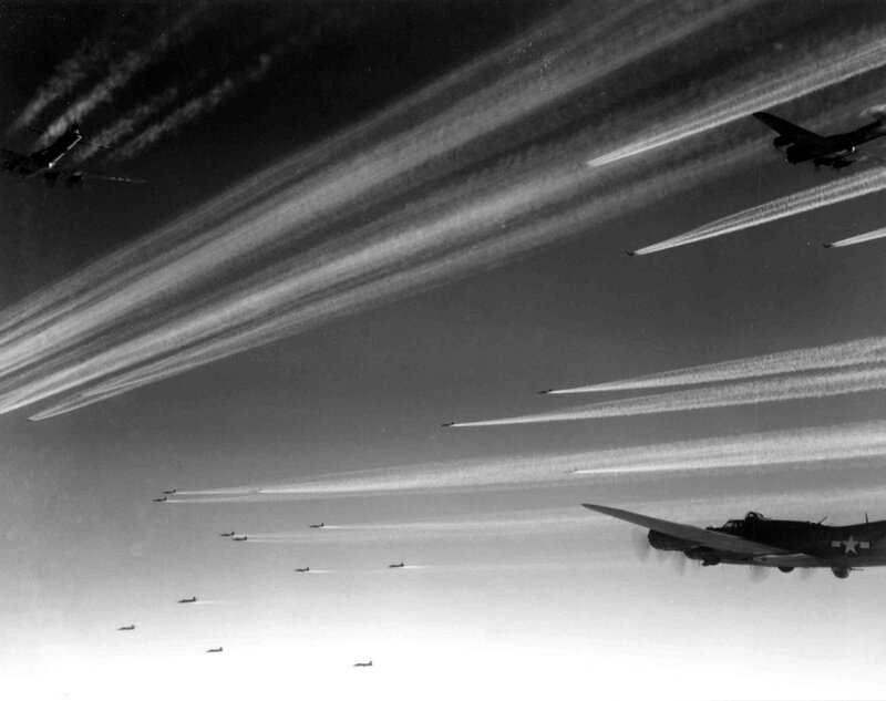 Bomber Aircraft Formation — Black, Dramatic