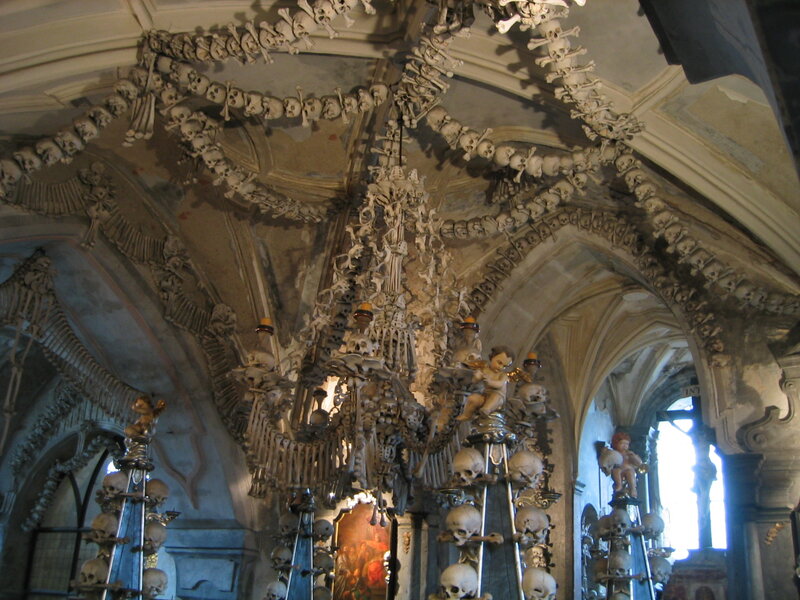 Bone chandelier in a crypt