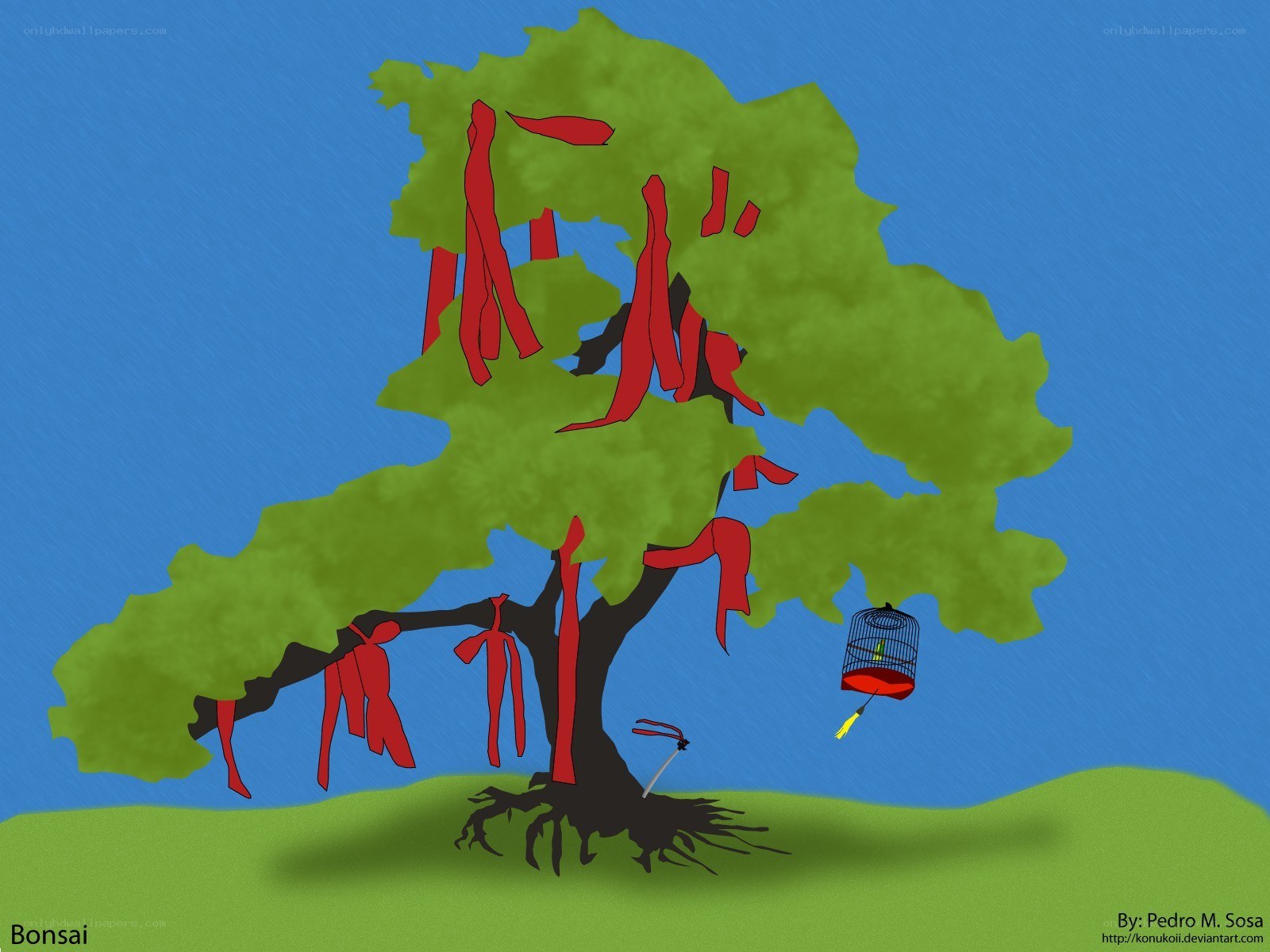 Bonsai tree with red ribbons