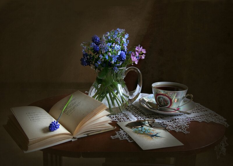 Book and Flowers on Table — Brown