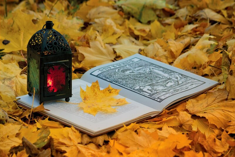 Book and Lantern in Leaves