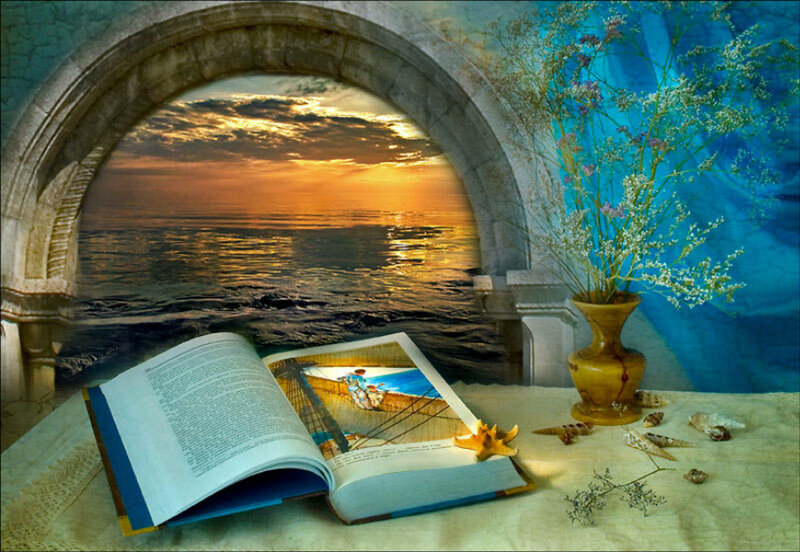 Book by the sea at sunset