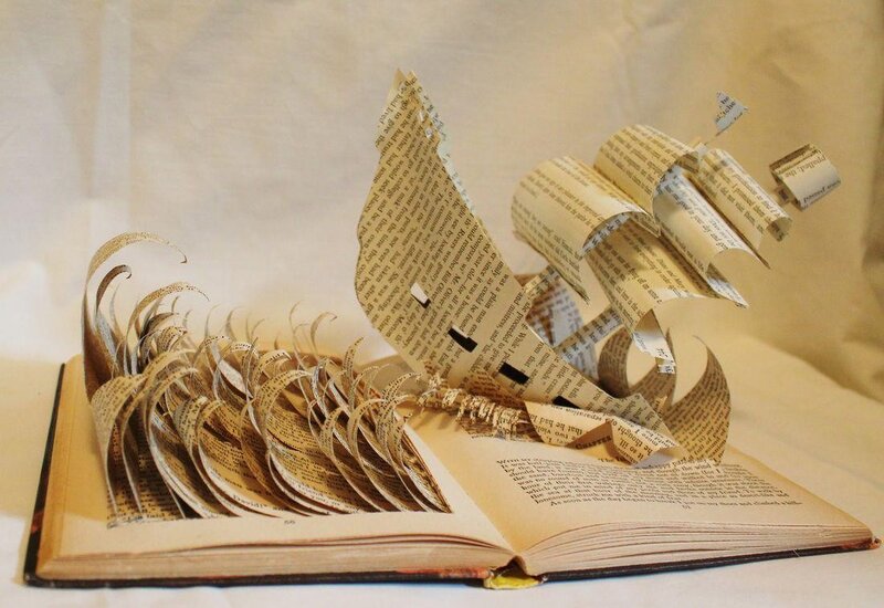 book sculpture of a ship