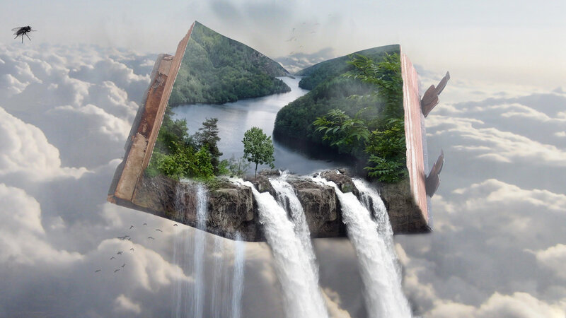 Book-shaped Island with Waterfall