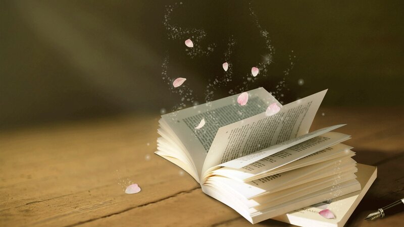 book with floating petals