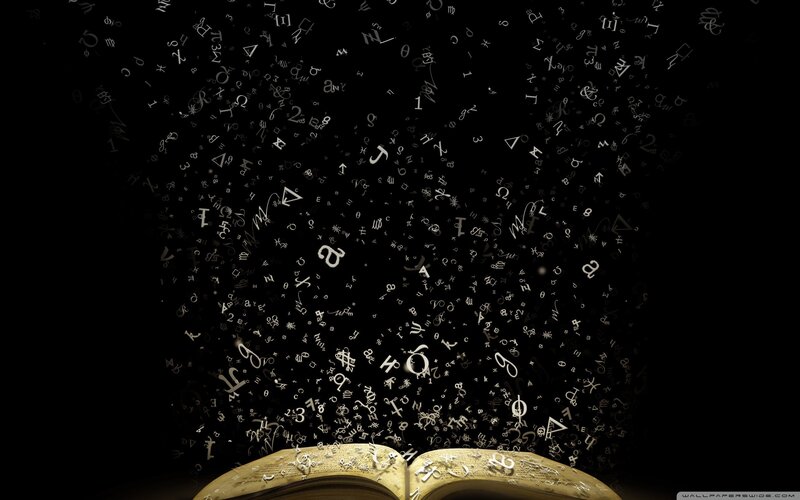 book with floating symbols