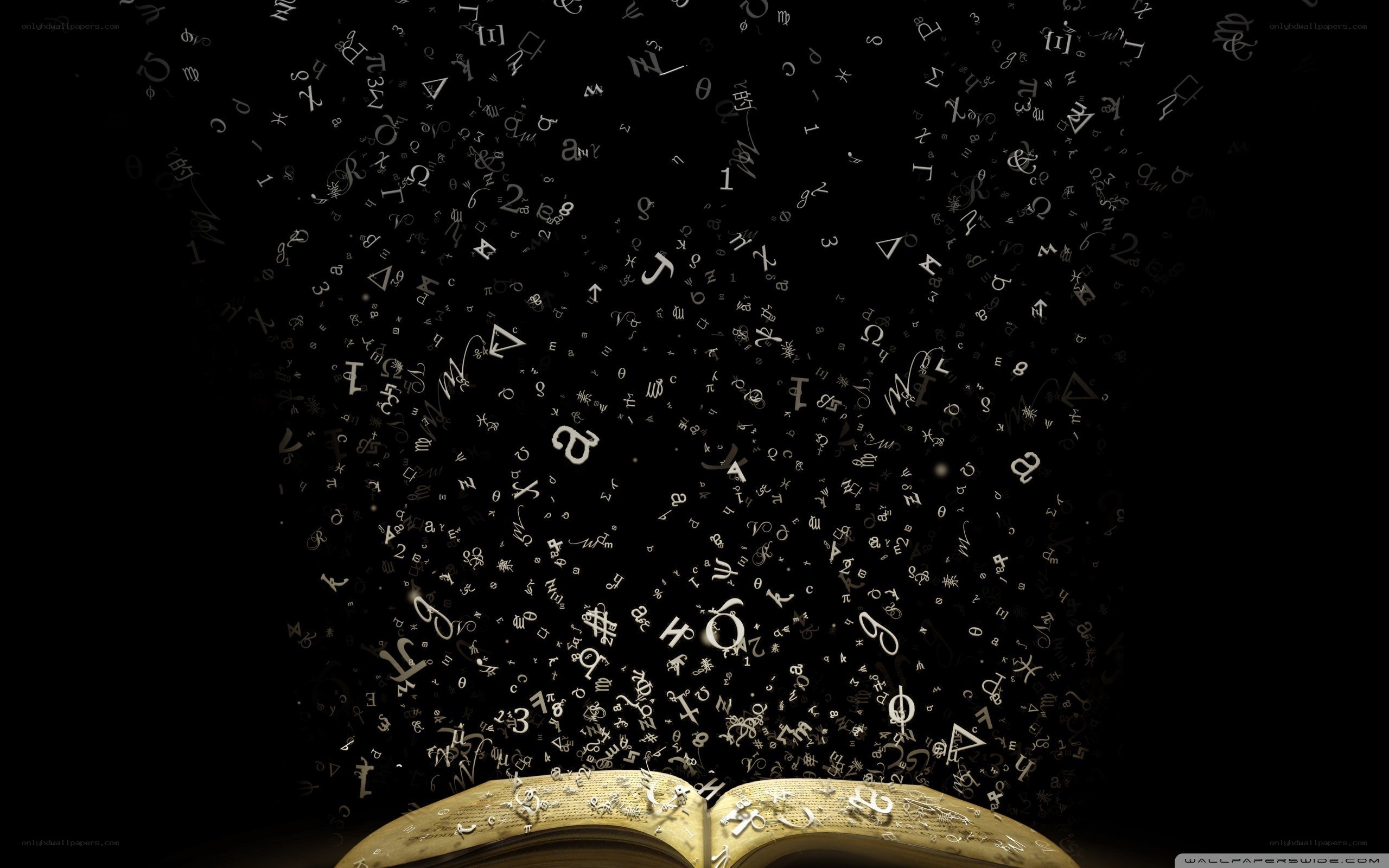 book with floating symbols