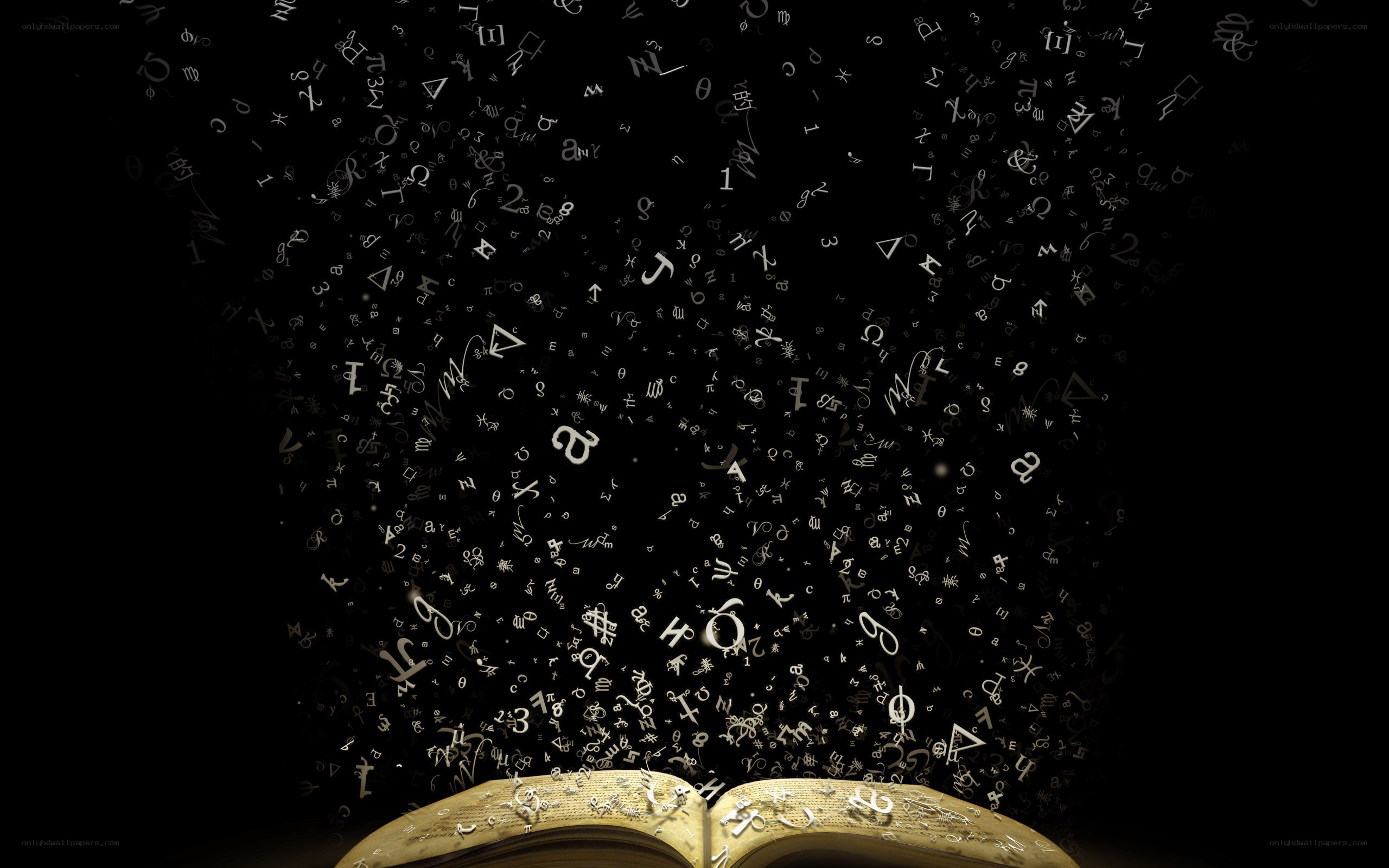 book with floating symbols