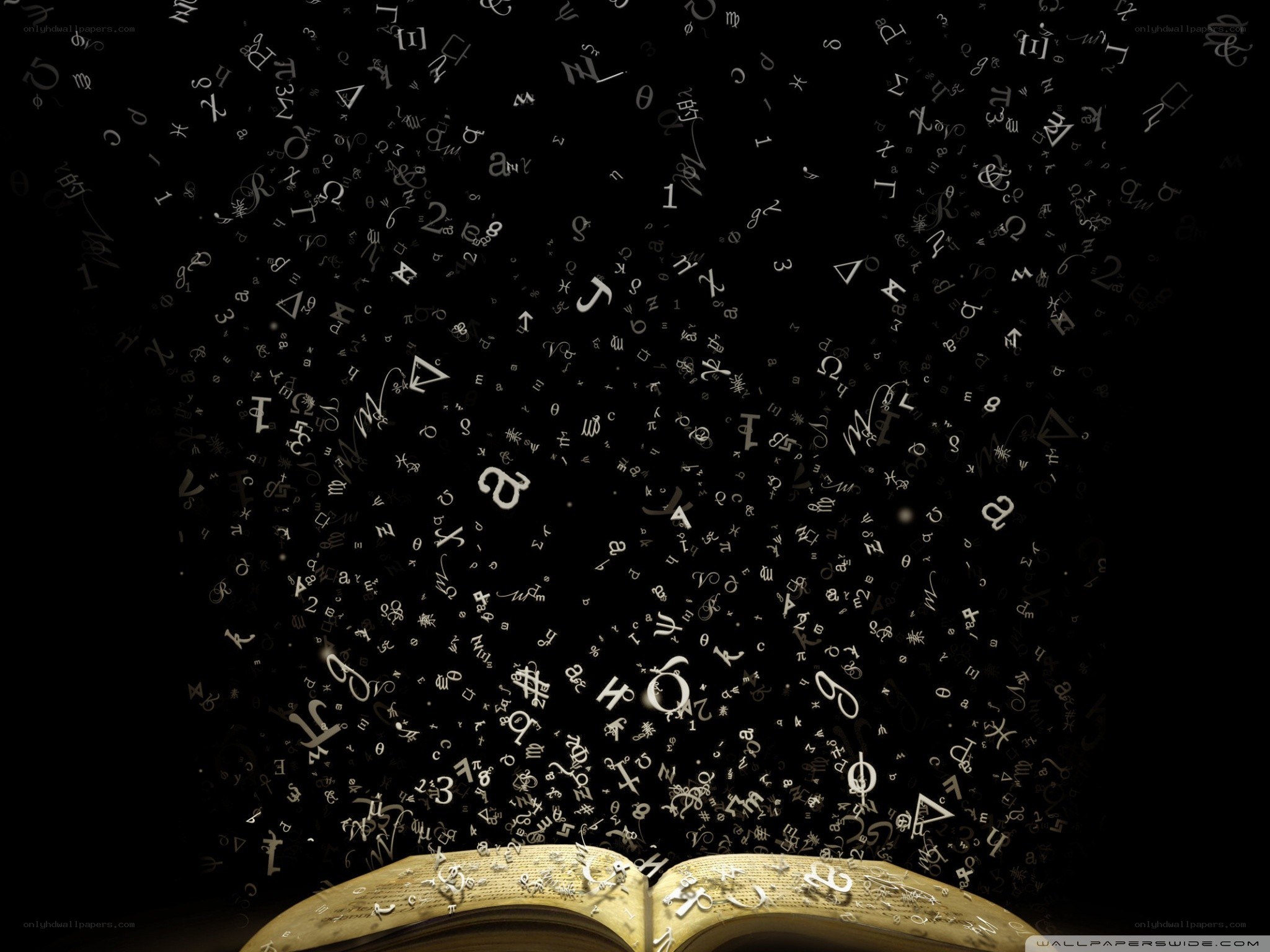 book with floating symbols