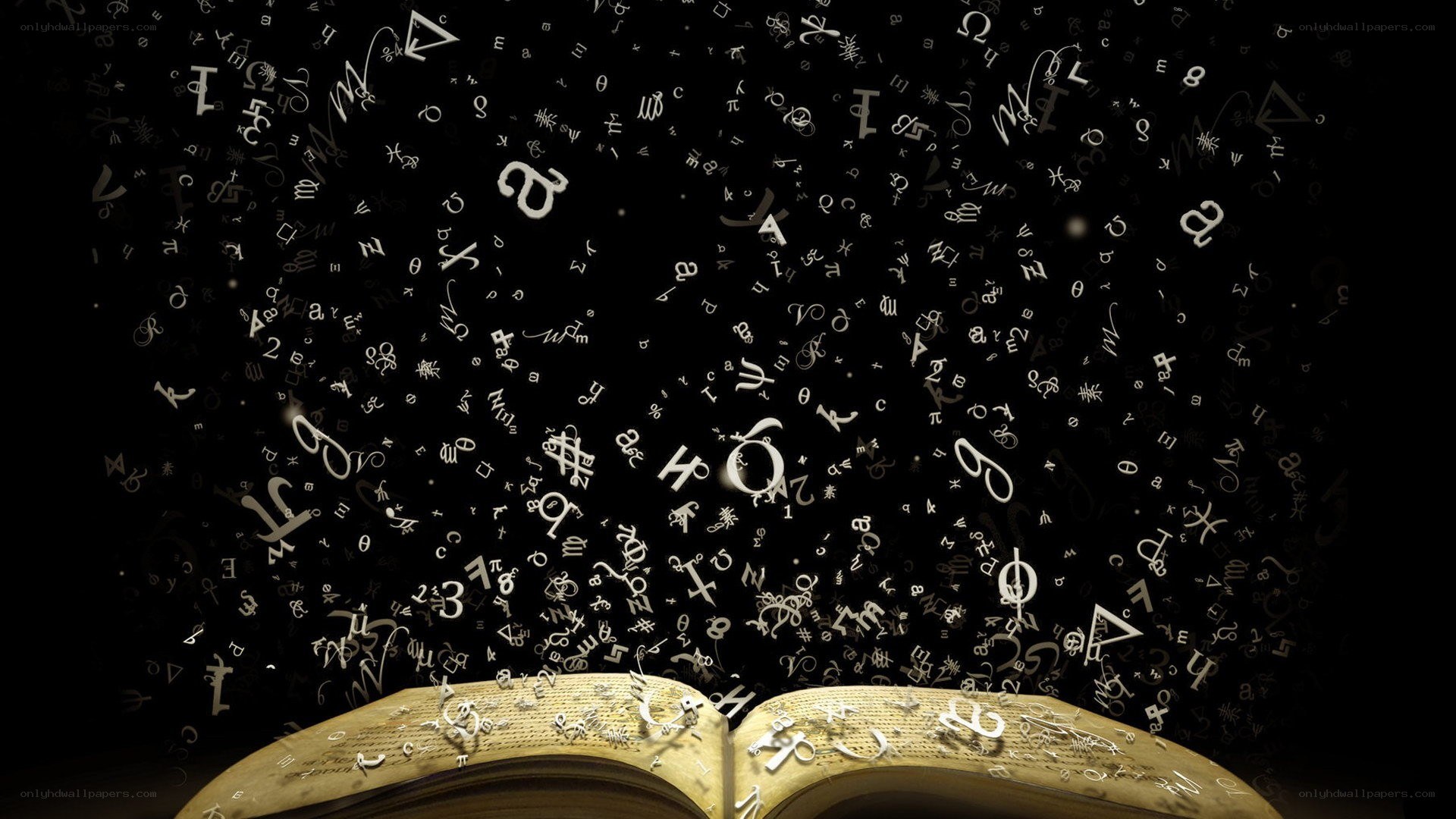 book with floating symbols