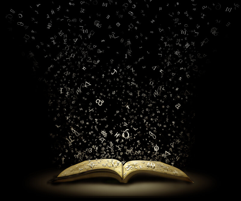 book with floating symbols