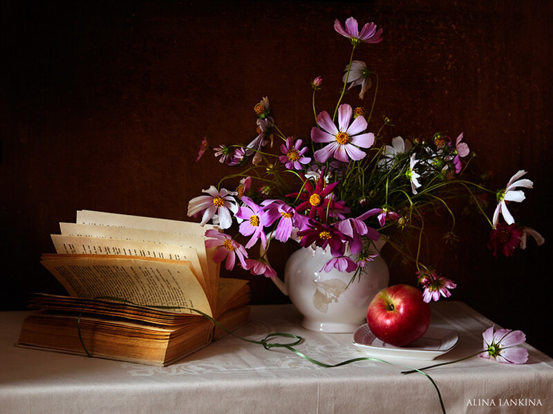 Book with Flowers and Apple