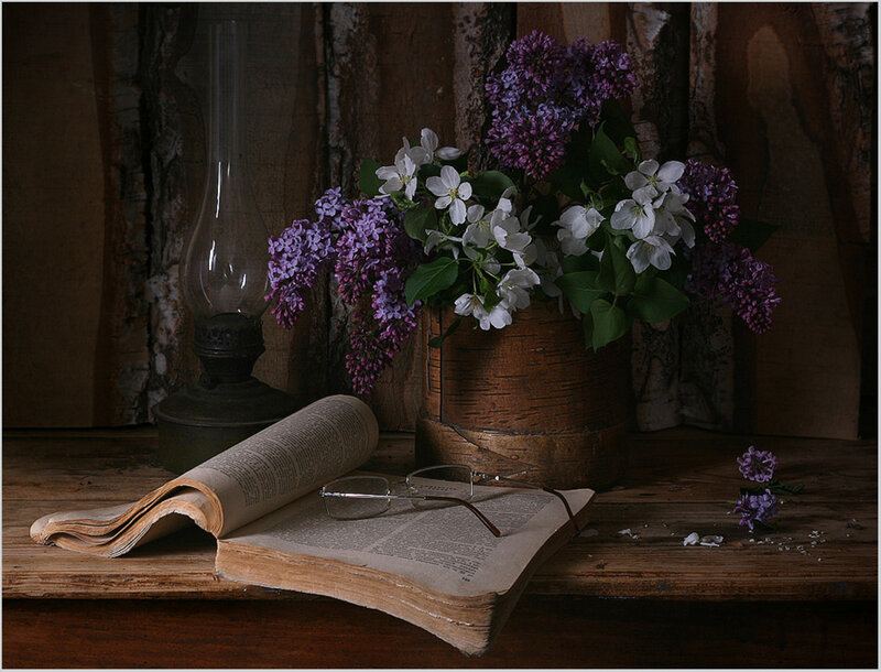 Book with Flowers and Lamp