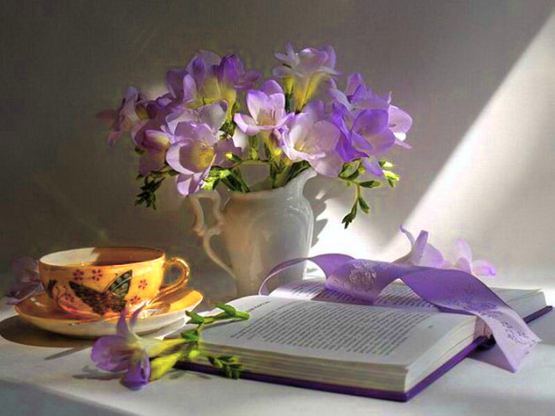 Book with Flowers and Tea — Purple